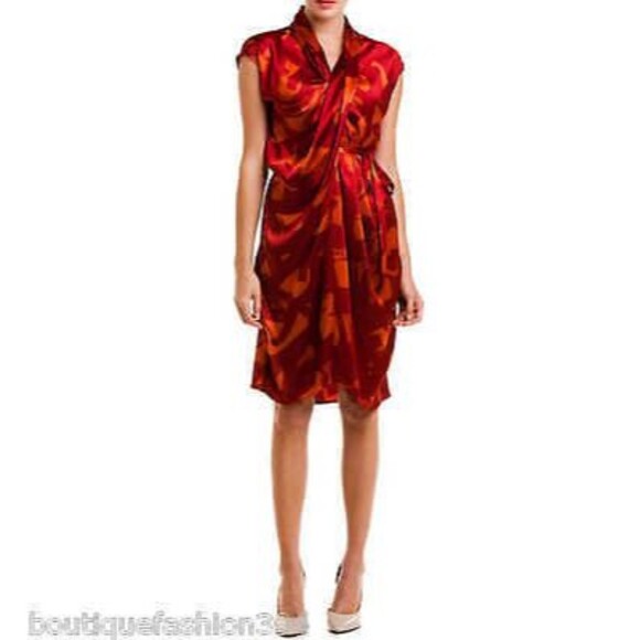 NWT $495 New Designer Josie Natori Womens S Silk Dress Champagne Gold Drape Cros - Picture 2 of 10